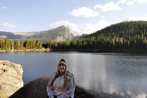 Karen Duquette at Bear Lake with Longs Peak in the background